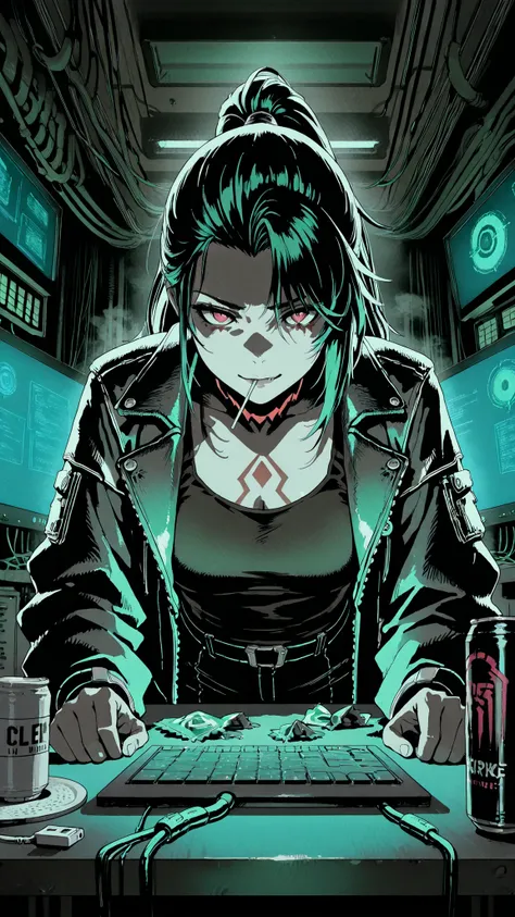 Scene Composition:
Interior of a converted van hacker den at night. Female hacker sits surrounded by multiple mismatched monitors displaying code, network diagrams, and terminal windows. candy wrappers an empty energy drink cans lying around creating ironi...