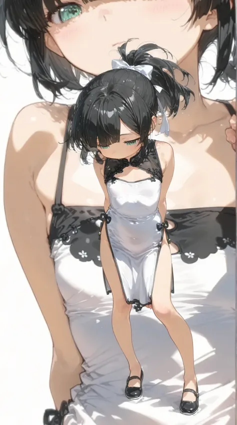 ((little girl))punch action in a Chinese dress ((White background: 1.4)) (High-resolution masterpiece, high resolution, high selection accuracy, high resolution, best quality: 1.2) (Ultra high resolution, 8K) ((black hair, medium ponytail)) diagonal bangs,...