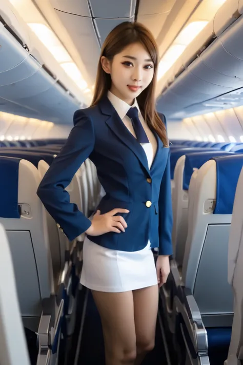 young female flight attendant is crouching、miniskirt、showing white panties、22-year-old CA、sexy、The crotch is clearly visible、