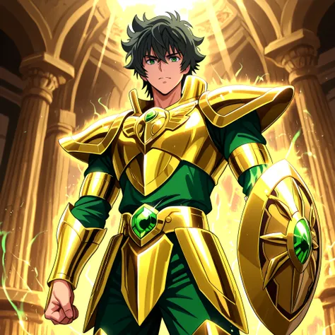 Detailed anime-style fantasy illustration featuring a
Naofumi Iwatani, from The Rise of the Shield Hero, proudly wears the Saint Seiya-inspired Golden Armor of Leo. His build is athletic and slender, without being overly muscular. He has tousled black hair...