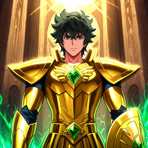 Detailed anime-style fantasy illustration featuring a
Naofumi Iwatani, from The Rise of the Shield Hero, proudly wears the Saint Seiya-inspired Golden Armor of Aries. His build is athletic and slender, without being overly muscular. He has tousled black ha...