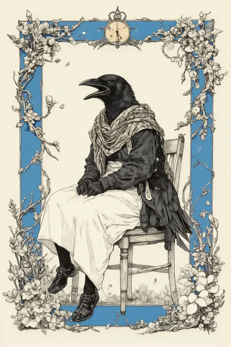 Illustration in vintage style,The person in the center is a crow、sitting on a simple chair,The crow is personified,with a shawl wrapped around the shoulder, modest dress with a white apron covering the bottom half,has an open beak,Midcow, dynamic in gentle...