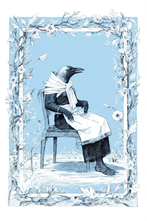 Illustration in vintage style,The person in the center is a crow、sitting on a simple chair,The crow is personified,with a shawl wrapped around the shoulder, modest dress with a white apron covering the bottom half,has an open beak,Midcow, dynamic in gentle...
