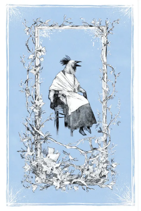 Illustration in vintage style,The person in the center is a crow、sitting on a simple chair,The crow is personified,with a shawl wrapped around the shoulder, modest dress with a white apron covering the bottom half,has an open beak,Midcow, dynamic in gentle...