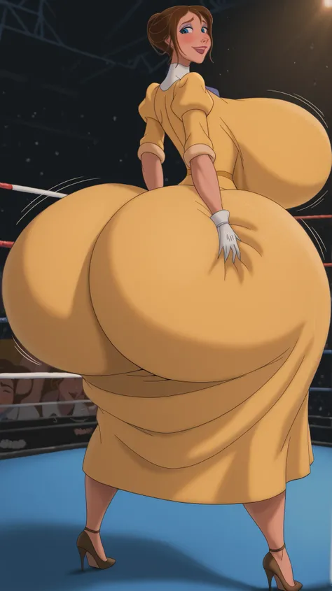 gigantic ass,extra_squish,ass grab, ass_grab_skindentation, fingers_sinking_in_ass,Tarzan_JanePorter,yellow dress, puffy sleeves, turtleneck, high neckline, white gloves, skirt,,,brown hair, blue eyes, 1girl,breasts,blush,large breasts,motion lines,huge br...
