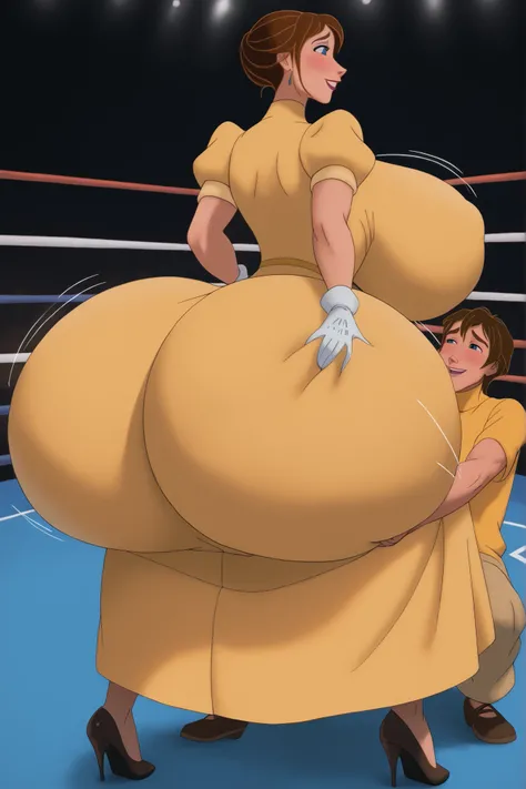 ass grab,1boy, 1girl, gigantic ass,extra_squish,ass grab, ass_grab_skindentation, fingers_sinking_in_ass,Tarzan_JanePorter,yellow dress, puffy sleeves, turtleneck, high neckline, white gloves, skirt,,,brown hair, blue eyes, 1girl,breasts,blush,large breast...