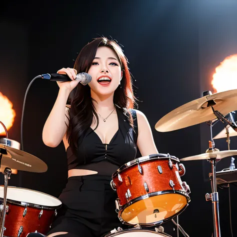 Drummer of Fire、womanhood、long hair、big boobs、Smile Yan、sitting in front of a drum set、during a powerful performance、Passionate look、Flame-like Orange and Red Lighting Effects、Hair Swings to the Rhythm、black rock style costume、on the lips、concert stage、ene...