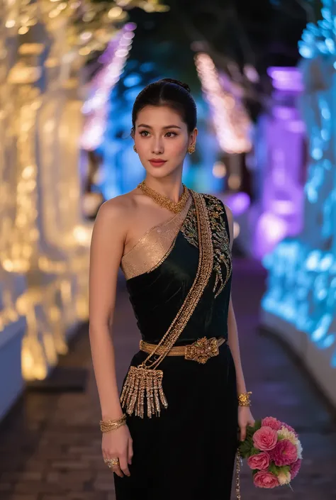 A realistic, high-resolution, full-body photograph of a beautiful young woman, A striking Asian model with smoky eyes, glowing skin, and a high bun, wearing a one-shoulder Thai dress in black velvet embroidered with neon gold sequins and green and amber go...