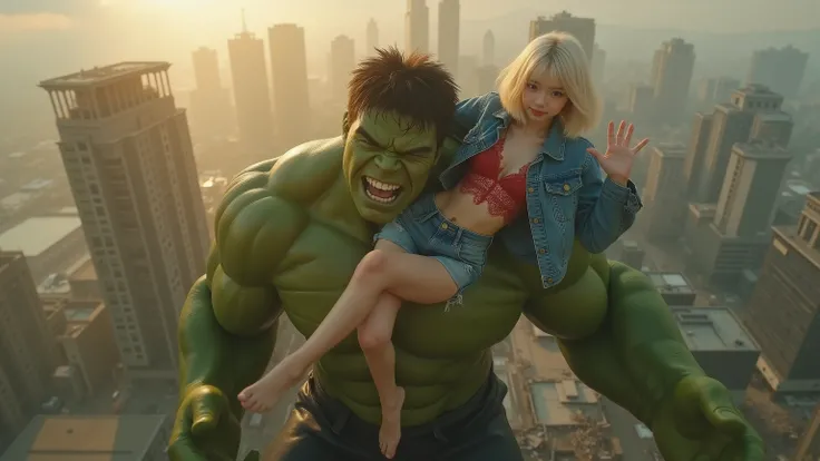 8K photorealistic with dreamlike surreal vibes, diffused natural dawn lighting breaking through clouds, overhead angle capturing a 16-17-year-old Japanese girl with a blonde bob haircut, brown almond eyes, and a bright, playful, mischievous smile, lounging...