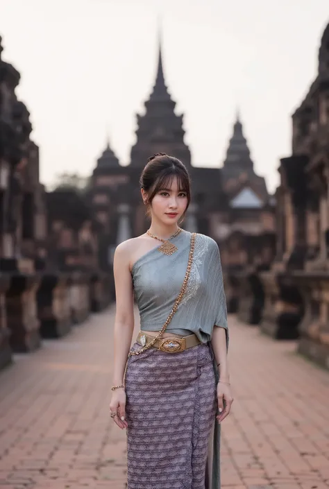 A realistic, high-resolution, full-body photograph of a beautiful young woman, A calm Asian woman with her hair pulled back in a sleek, low ponytail, wears a one-shouldered, indigo-gray Thai dress embroidered with silver silk, a silver cloud-patterned saro...