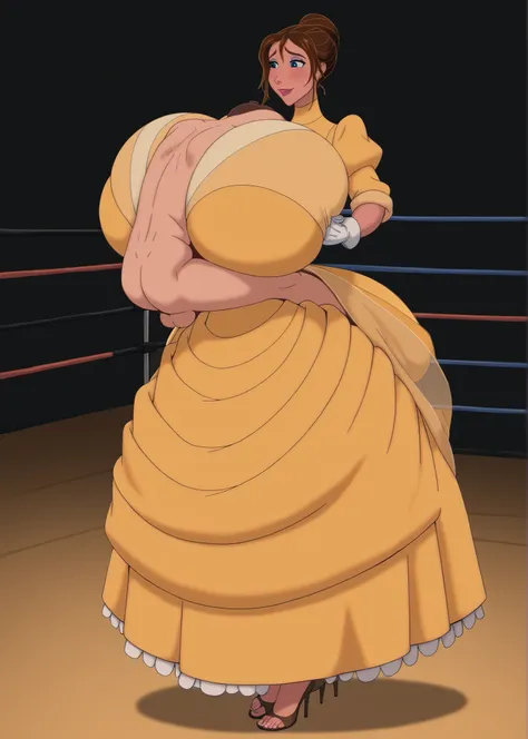 (liftpai:1.4),suspended paizuri,liftpai,faceless male,Tarzan_JanePorter,yellow dress, puffy sleeves, turtleneck, high neckline, white gloves, skirt,,,brown hair, blue eyes, large breasts,(Gigantic breasts:1.3), (Super Wide hips:1.3), wrestling ring, (fully...