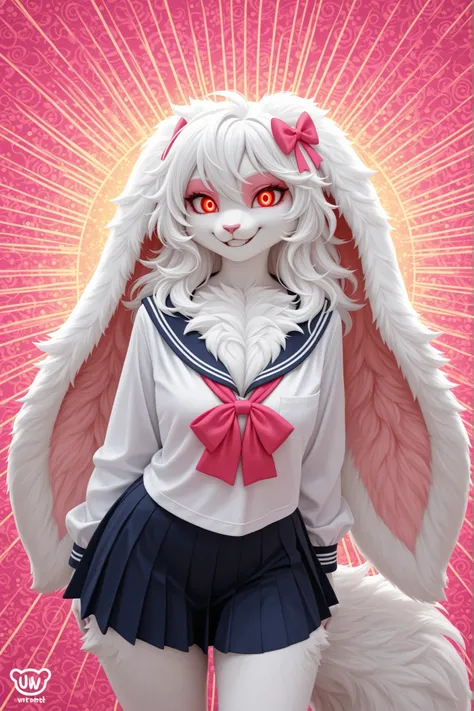 photography, ultra highres, RAW photo, furry fandom art style, cartoon wererabbit girl, simplified white fur texture, extra fluffy chest and tail fur, stylized face with large expressive deep red eyes, oversized rabbit ears with pink accents, long flowing ...