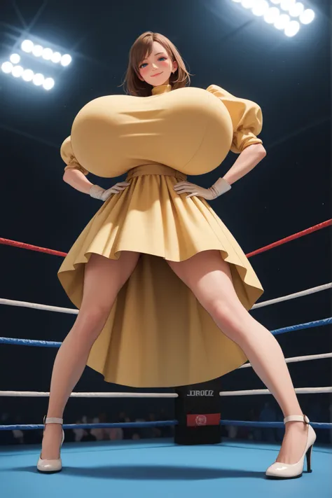 Jane Porter,yellow dress, puffy sleeves, turtleneck, high neckline, white gloves, skirt,,,from below, towering over viewer, looking down at viewer, from below, looking down at viewer, brown hair, blue eyes, 1girl,breasts,blush,large breasts,motion lines,hu...