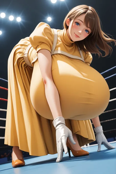 Jane Porter,yellow dress, puffy sleeves, turtleneck, high neckline, white gloves, skirt,,,from below, towering over viewer, looking down at viewer, from below, looking down at viewer, brown hair, blue eyes, 1girl,breasts,blush,large breasts,motion lines,hu...