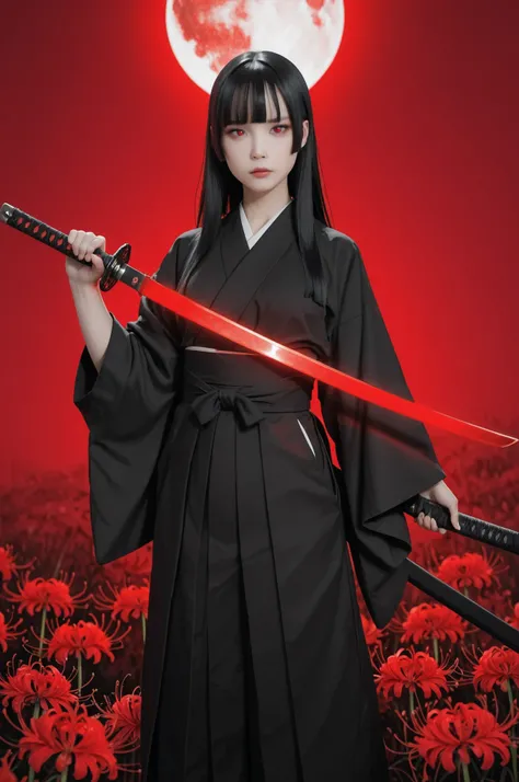 {red and black theme}, 1girl, solo, alone, samurai girl, black long hair, hime cut, 
red spider lily, red eyes, kimono, hakama, red glowing katana, holding a katana, full moon,   flat colors,high saturation, monochrome,high contrast, masterpiece, ultra det...
