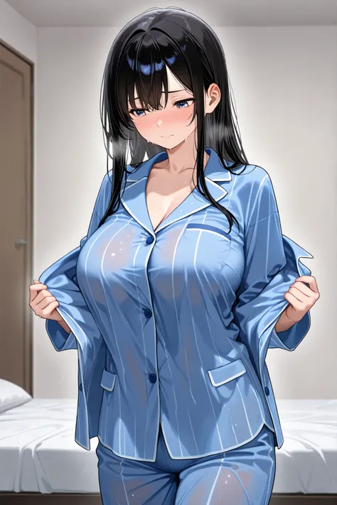 4k,best quality,high resolution,Highest、A woman((16 years old、Short Height、black long hair、big boobs、blue pajamas、Changing clothes、on bed、Sweating、gets wet、Embarrassing Face),Highestのデザイン,place((morning、on bed、Sunshine))、