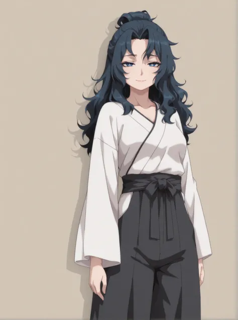 Masterpiece, Best Quality, Newest, Safe, Good Anatomy, Good Resolution, Good Lighting. Beautiful, Anime, Normal. Japanese Women, Adult, Long Dark Blue Hair, Hairstyle: Wavy Hair, Intense Royal Blue Eyes, Light wrinkles, White Pupils, Squinting eyes, Psycho...