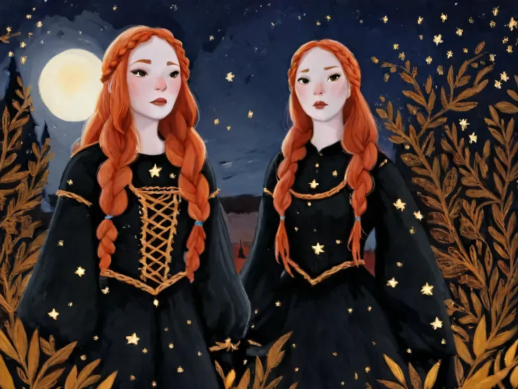 2D ART, hyper detailed gouache painting, illustration, gougoupaintleaves style, portrait of 1girl, pink fair skin, solo, long_hair, braided red hair, black eyes, detailed face, black medieval dress, standing before a night sky with golden stars and white m...