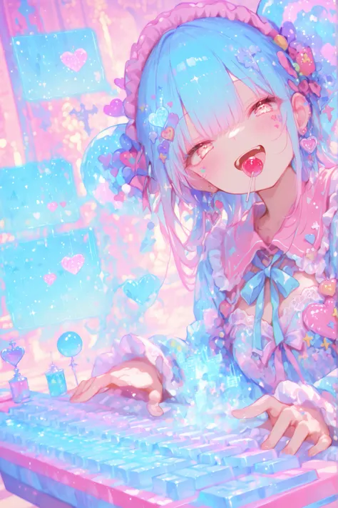 older sister and younger sister,pink and blue,naughty face, lollipop,Cute frill, decora, lace and ribbon dress, hologram, Floating keyboard,operate the keyboard, Cute atmosphere, fantasy and cute,