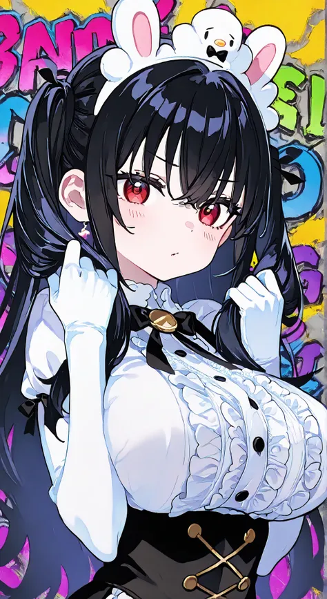 1 Girl, , Bright Skin, girl's hair, Bang, , , Highest Quality, Graffiti Background, high resolution, upper body, Sanrio costume, Pose, short stack, dynamic angles,、long gloves、big boobs、成熟した女性フェラチオPose