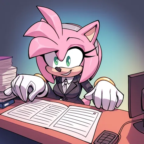 (Bigdad/character), Sega, Amy Rose, pink fur, hedgehog, female, solo, office, medium breasts, fluffy fur, pink hair, long hair, extremely long hair, hair over shoulders, ((light gray pantsuit)), white gloves, gray headband, (furry), green gradient eyes, re...