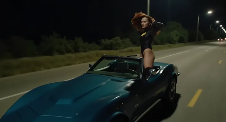 Nighttime. Cinematic movie still. One car. Ultra close up low angle shot of a (((dark bluegreen))) 1973 corvette convertible driving at high speed on a (((dark))) road (((at night))). (((No streetlamps are shown))). . . The camera is mounted on the f...