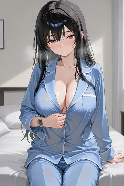 4k,best quality,high resolution,Highest、A woman((16 years old、Short Height、black long hair、big boobs、blue pajamas、Changing clothes、on bed、Sweating、gets wet、Embarrassing Face、watch viewers),Highestのデザイン,place((morning、on bed、Sunshine))、