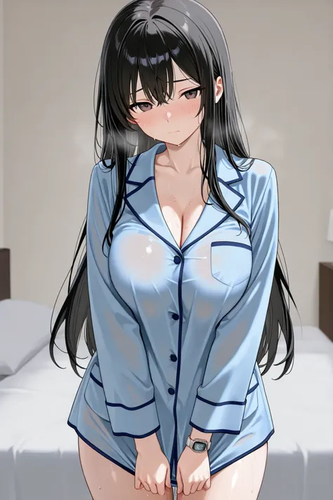 4k,best quality,high resolution,Highest、A woman((16 years old、Short Height、black long hair、big boobs、blue pajamas、Changing clothes、on bed、Sweating、gets wet、Embarrassing Face、watch viewers),Highestのデザイン,place((morning、on bed、Sunshine))、