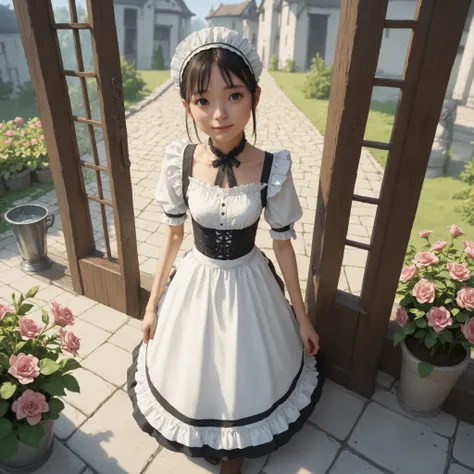 one girl、maids,Look at the audience,(skinny:0.62),(younger:0.57),from above,slouches forward,Watering flowers outside the mansion,japanese,(Smile Yang:0.58),black lace stockings