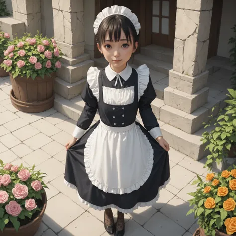 one girl、maids,Look at the audience,(skinny:0.62),(younger:0.57),from above,slouches forward,Watering flowers outside the mansion,japanese,(Smile Yang:0.58),black lace stockings