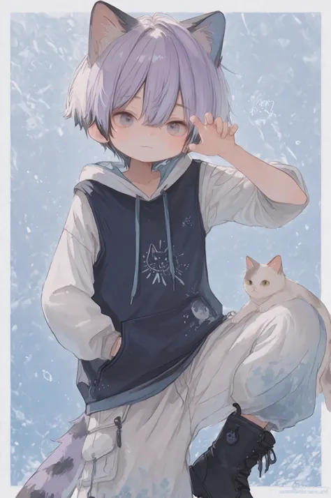 anime handsome cat boy, hair colour black mixed with white and blue, doing pose cat with one hand up, wearing sleeveless hoodies coloured soft purple mixed with blue, calf-length pants, short boots coloured navy blue