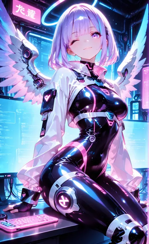 anime style, 3/4 characters, short bob cut hair, パステルピンクとブルーのハイライトが付いたライトpurpleの髪, Shiny Smooth Texture, ネオンpurpleとCyanを発光する未来的なメタリックエンジェルのハロー,  Cybernetic angel wings include 、 a futuristic metallic angel halo that glows neon purple and cyan; 。, Glows sof...