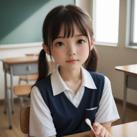 ( white skin:1.0),cute girl with detailed and round eyes,かわいいyounger女の子,slender,short,skinny,Slender,thin body,toddler wearing top_body,younger,score_7_ up,score_8_ up,score_9,Realistic,uniform,, a girl who looks like a puppet,ejaculation,small breasts,sun...