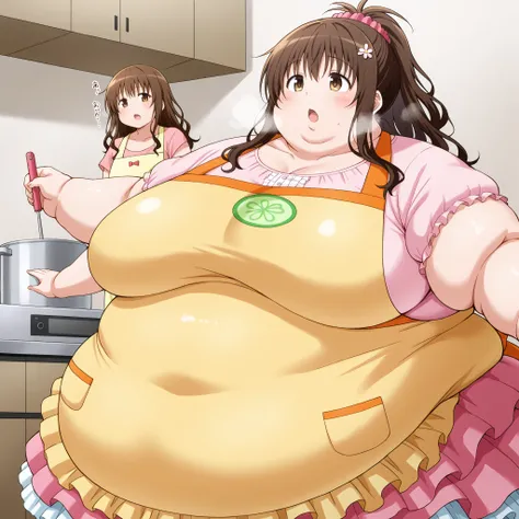 mikan yuuki, brown eyes, brown hair, hair ornament, hair scrunchie, long hair, pink scrunchie, scrunchie, apron, blouse, collarbone, layered skirt, pink shirt, shirt, short sleeves, skirt, yellow apron, fat, chubby, obese,, large breasts open mouth, out of...