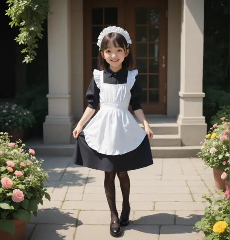 1 younger可愛い日本人の女の子,(big boobs:0.41),maids,black lace stockings,Look at the audience,(skinny:0.72),(smile:0.96),is watering flowers outside the mansion,(younger:0.98),from above