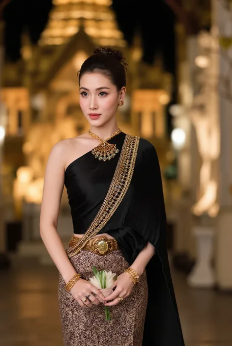 A realistic, high-resolution, full-body photograph of a beautiful young woman, A striking Asian model with smoky eyes, glowing skin, and a high bun, wearing a one-shoulder Thai dress in black velvet embroidered with neon gold sequins and green and amber go...