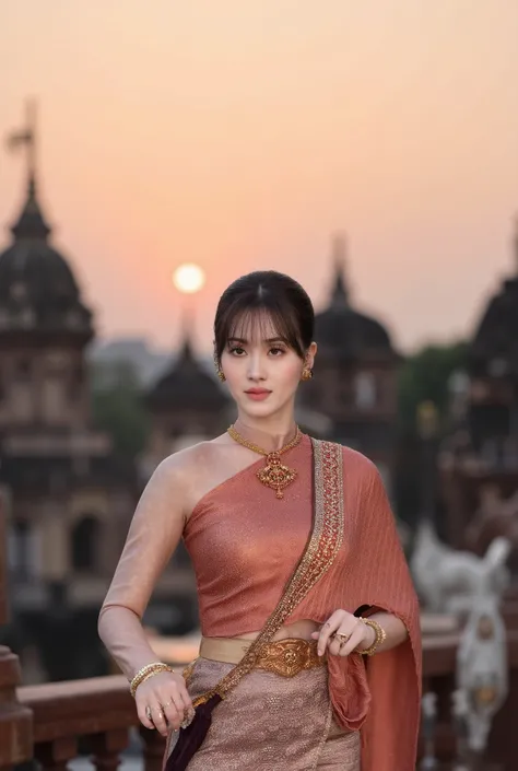 A realistic, high-resolution, full-body photograph of a beautiful young woman A sharp-looking Asian woman with low, soft waves and a one-shouldered Thai dress in copper-terracotta embroidered with bronze silk and a silk brocade skirt with sparkling flowers...