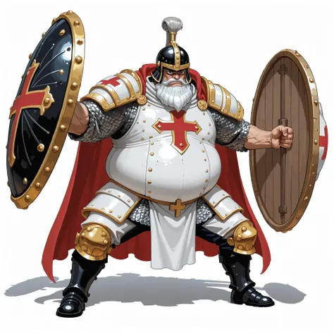 (male), (old man), (giant body), (extremely fat body), (large arm), (short legs), (black eyes), (grey hair), (Caesar cut hairstyle under helmet), (white beard), (angry face), (solo), (single character), (full body version), (white background), (no backgrou...