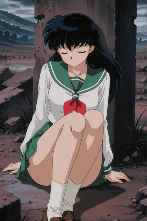 masterpiece,best quality,amazing quality, higurashikagome, masterpiece, best quality, amazing quality,, kagome higurashi, long hair, black hair, retro artstyle, brown eyes, anime screencap, skirt, shirt, long sleeves, school uniform, white shirt, pleated s...