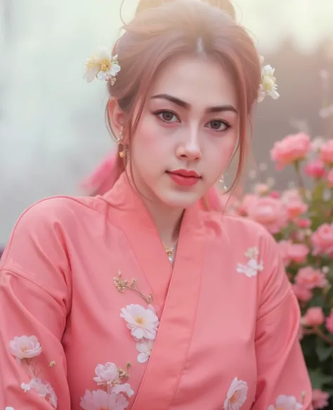 Une femme asiatique élégante et gracieuse, vêtue d'une tenue traditionnelle inspirée de la culture coréenne ou chinoise, en soie pastel (rose pâle et blanc) avec des motifs subtils. Elle porte une coiffure sophistiquée, ses cheveux noirs et lisses sont par...