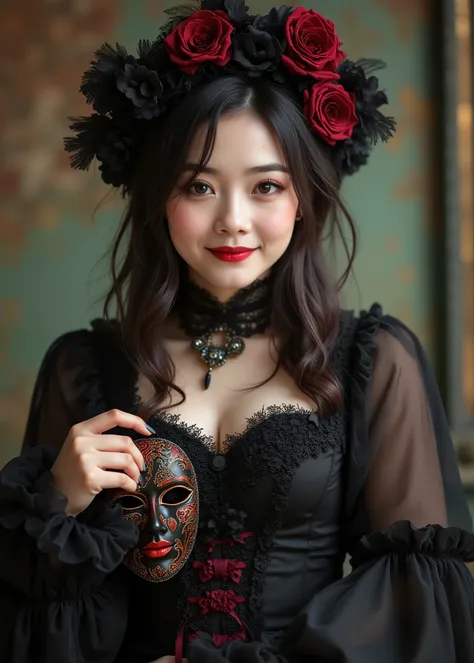 beautiful girl with a smirking face , Removing a Venetian Mask, Holding a Mask in Her Hand、Smile Yan、Black, Red, and Dark Green Gothic Dress、white, smooth skin、small breasts、Woman's Curvy body、（Full body photo、Mahiru Full Body Shot、body）、High Quality、16k