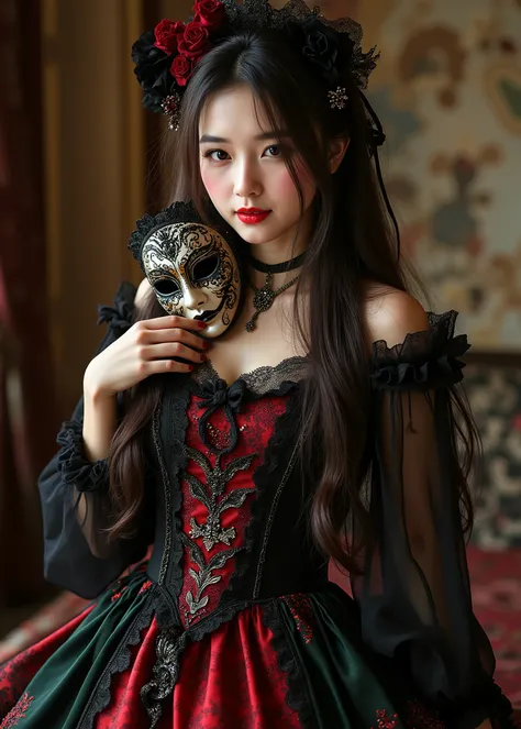 cute slim girl , Removing a Venetian Mask, Holding a Mask in Her Hand、Smile Yan、Black, Red, and Dark Green Gothic Dress、white, smooth skin、small breasts、Woman's Curvy body、(Full body photo、Mahiru Full Body Shot、body)、High Quality、16k