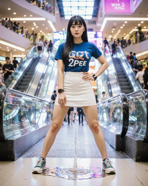 Alluring view of a pretty 24-year-old (((Taiwanese|Vietnemese|Korean))) woman, {{taken from the front}},{{urination in a fancy crowded department store outlet with escalators. Vibrant Multicolored bright lights}},{{{absolute resolution photo of an Asian wo...