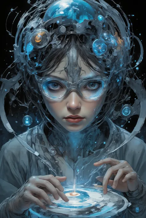  detailed photograph, a girl with techno glasses is typing on a holographic screen, In the background images of the Earth and lines of code flying in electric air, atmosfera tetra, delicately detailed,capolavoro, absurdres, extraordinary quality, newest, a...