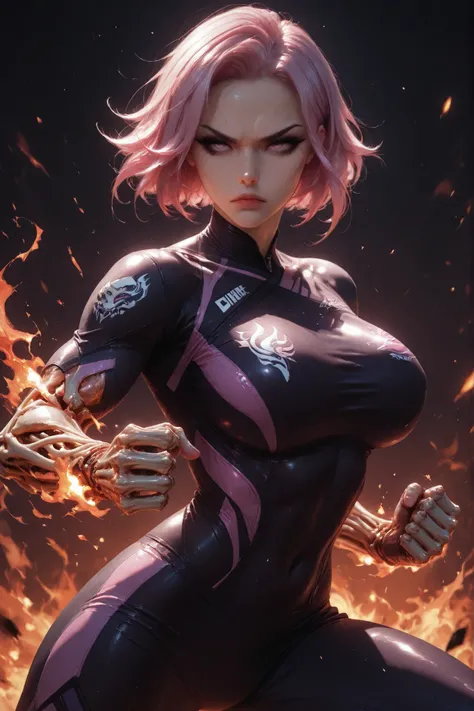 CoolgirlHDR, UHD, masterpiece, anatomically correct, super detail, best quality, high-res, 16k, solo, 1girl, purple short hair with pink tips, black cat eyeliner, long eyelashes, makeup, serious face, battle stance, big breasts, fight clothes, skeletal arm...
