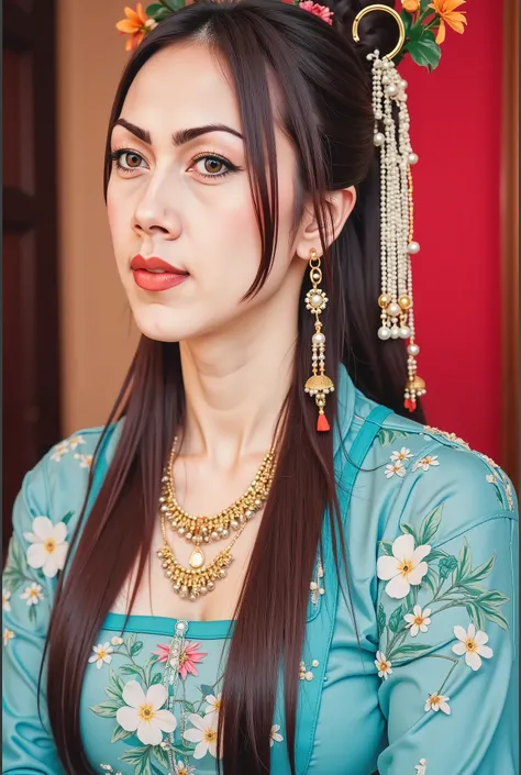 Amazing portrait of a woman who is 30 years old and an adult and a sexy woman in a bedroom with a beautiful detailed face emphasised by some amazing makeup happy vibes beauty smile open mouth confident wearing an orange maxi dress with floral patterns and ...