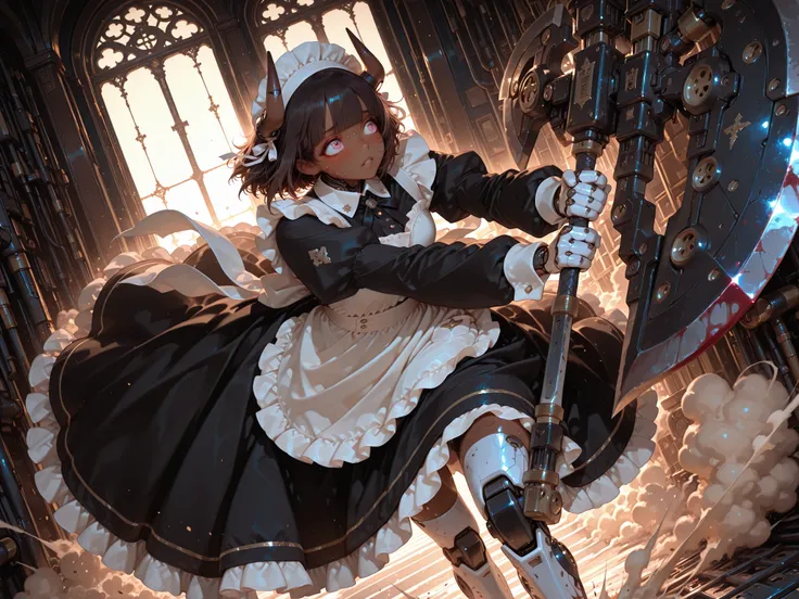 score_9, (masterpiece, best quality, dynamic angle), 8k, 1 girl, solo, young, mechanical girl, humanoid, minotaur girl, cute, kawaii, bishojo,
BREAK
(brown skin:1.2), (mechanical short forward-facing horns:1.2), small body, small breast, dark brown hair, b...