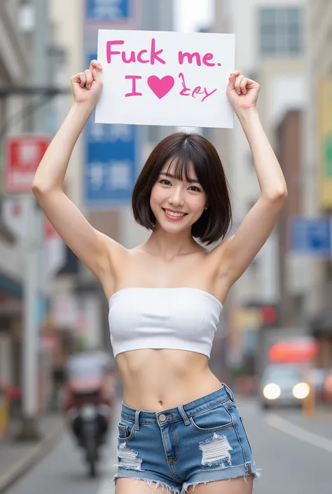(Highest Quality、Highest Image Quality、high resolution、8k、Greatest Masterpieces、photorealistic)、18 year old Japanese woman、japanese、white tube top:1.5 under-breast、buttock、Belly exposed、blue low-rise denim shorts、thighs)、BIG BREASTS、skinny body、thin waist、...