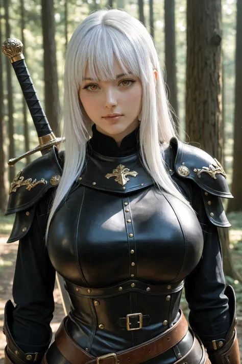 masterpiece, best quality, high quality, ultra-detailed, 1girl, beautiful, white hair, long hair, bangs, fair skin, huge breasts, leather armor, sword, forest, dappled sunlight, upper body, looking at viewer, gold eyes