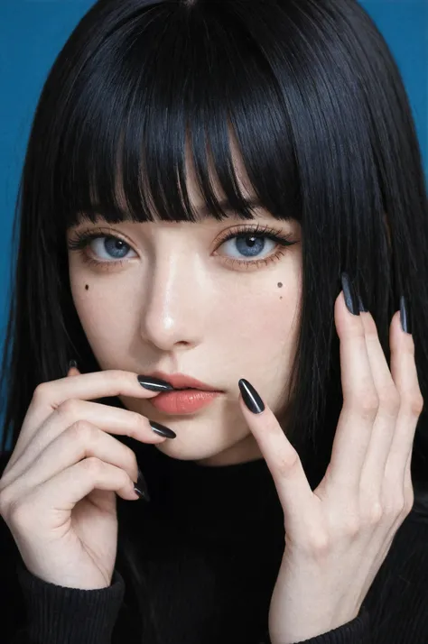masterpiece, best quality, 1girl, solo, bangs, mole under eye, black nails, blunt bangs, mole, blue background, simple background, black hair, looking at viewer, eyelashes, fingernails, nail polish, covered mouth, portrait, long hair, long fingernails, lon...